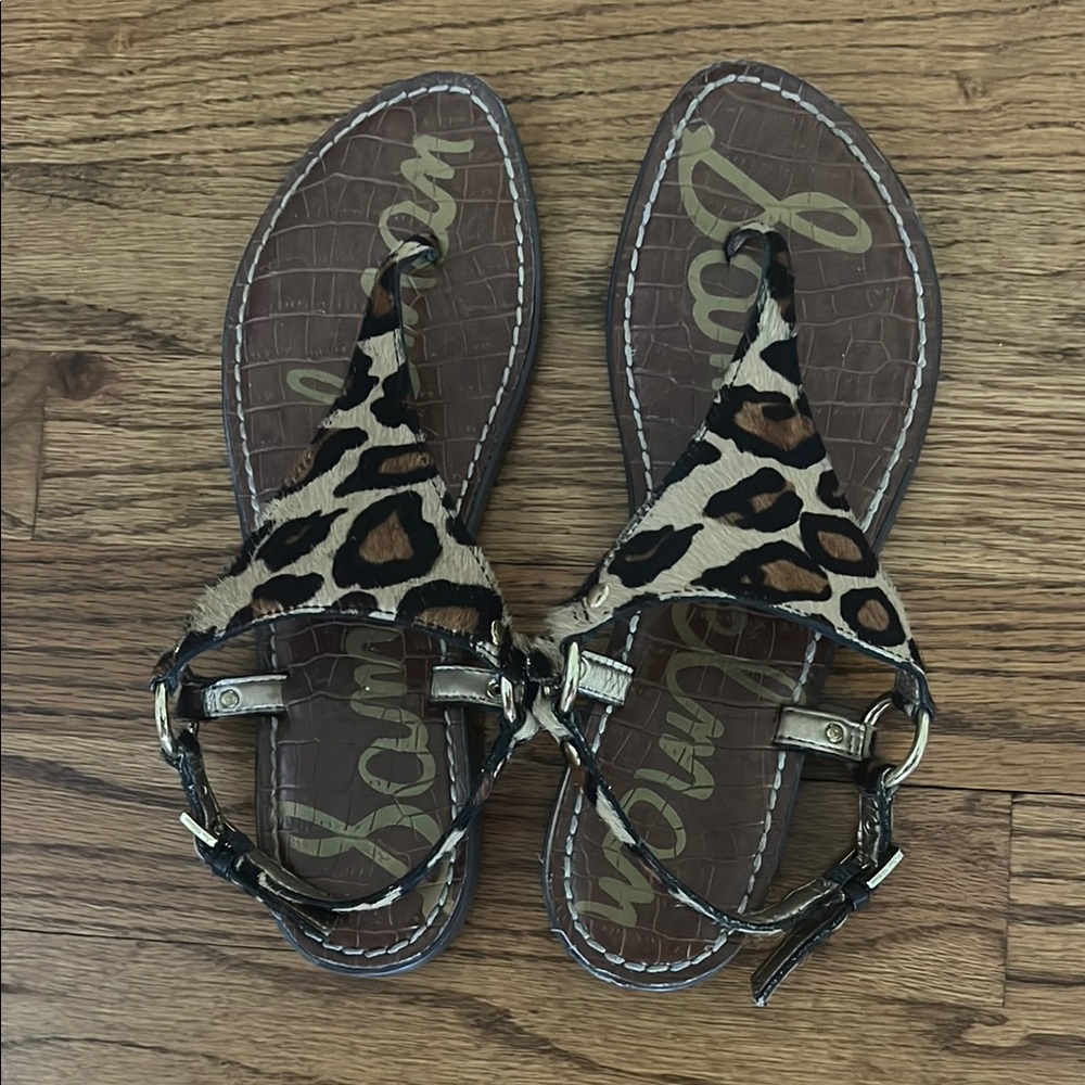 EUC SAM EDELMAN Greta Thong Sandal Cheetah Leopard Calf Hair Flats 7.5